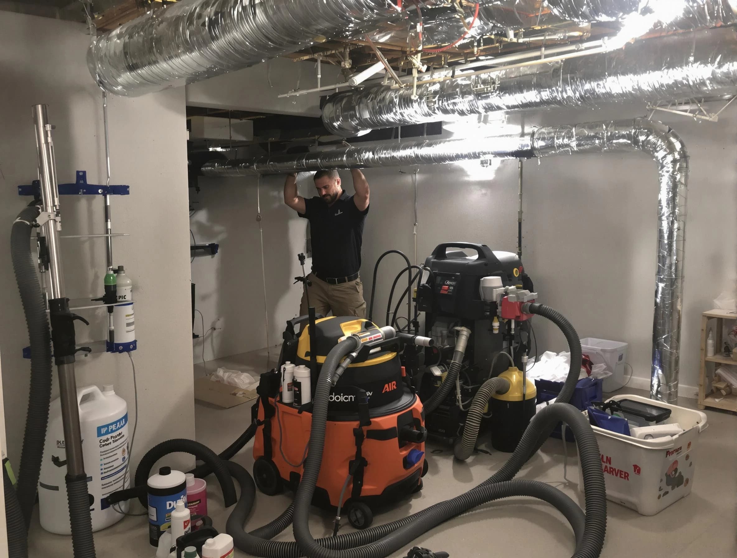 Hiram Air Duct Cleaning specialist performing professional mold removal from air ducts using safety equipment in Hiram